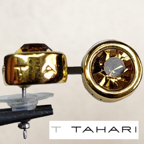 T TAHARI Logo Gold Tone Topaz Round Shaped Post Earrings - Picture 12 of 13